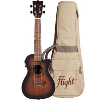 Flight DUC380 CEQ Amber Electro-Acoustic Concert Ukulele Front and Case